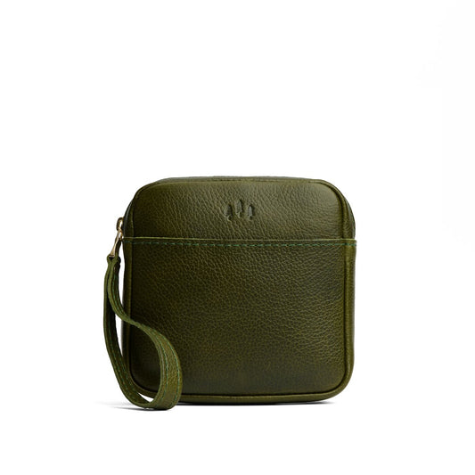 Pebbled Olive | Square shaped pouch with zipper opening, wristlet, and front pocket