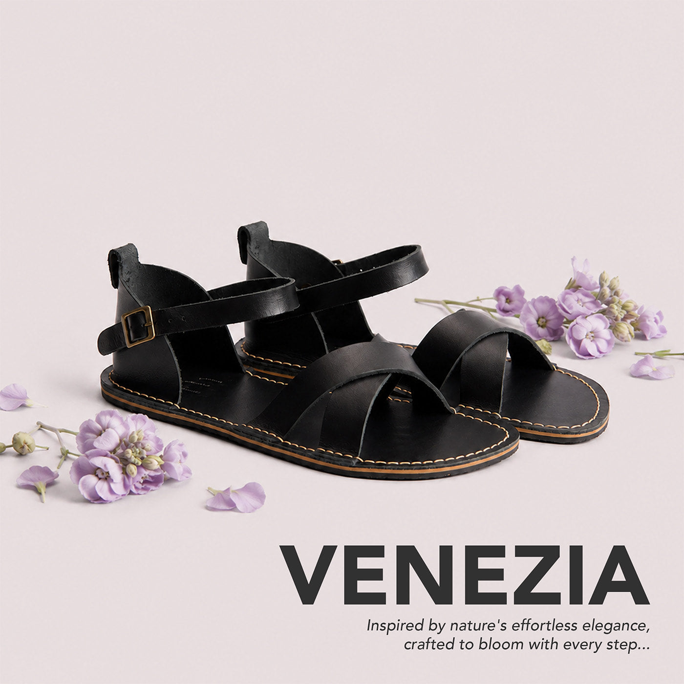Nero | Flat leather sandals with ankle straps and debossed PLG three tree logo in soles