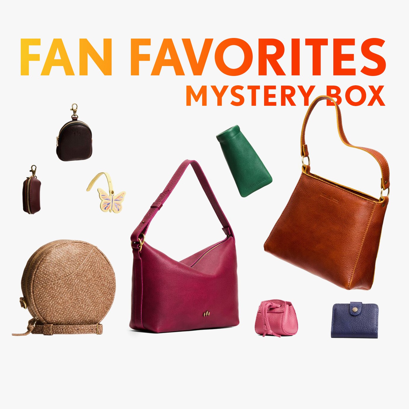 A collection of bags and small goods with the title Fan Favorites Mystery Box