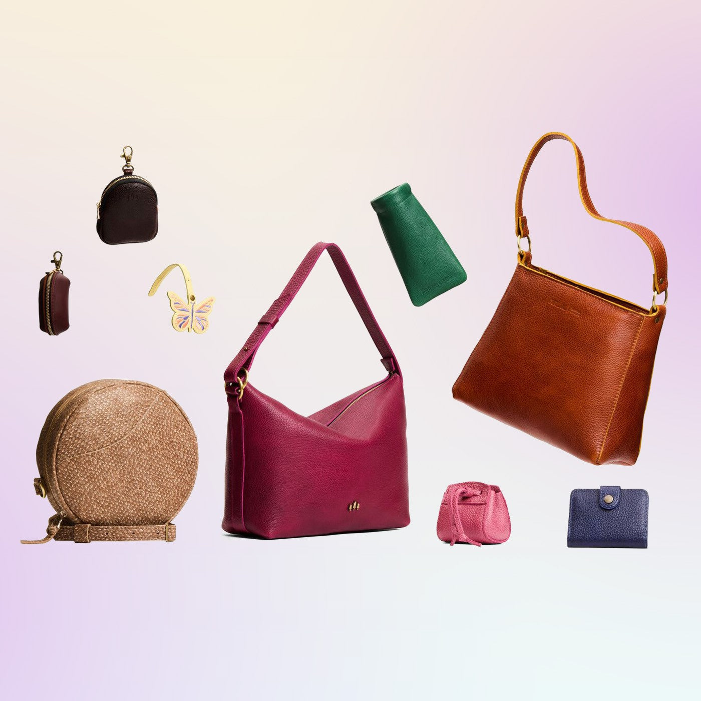 All Variants | a collection of three bags and six small goods on a gradient background