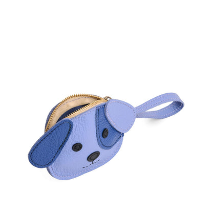 Aster | A small dog-shaped leather pouch with embroidered facial details and a wrist strap.