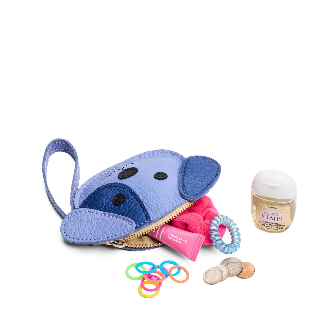 Aster | A small dog-shaped leather pouch with embroidered facial details and a wrist strap.
