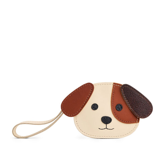 Bone | A small dog-shaped leather pouch with embroidered facial details and a wrist strap.