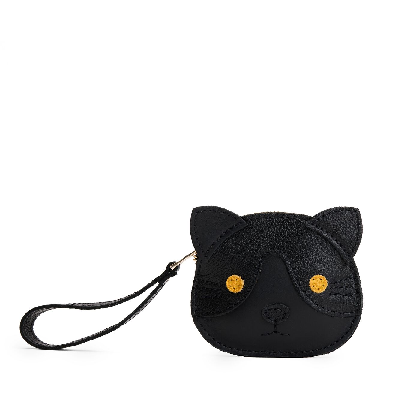 Black | A small cat-shaped leather pouch with embroidered facial details and a wrist strap.