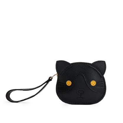 Black | A small cat-shaped leather pouch with embroidered facial details and a wrist strap.