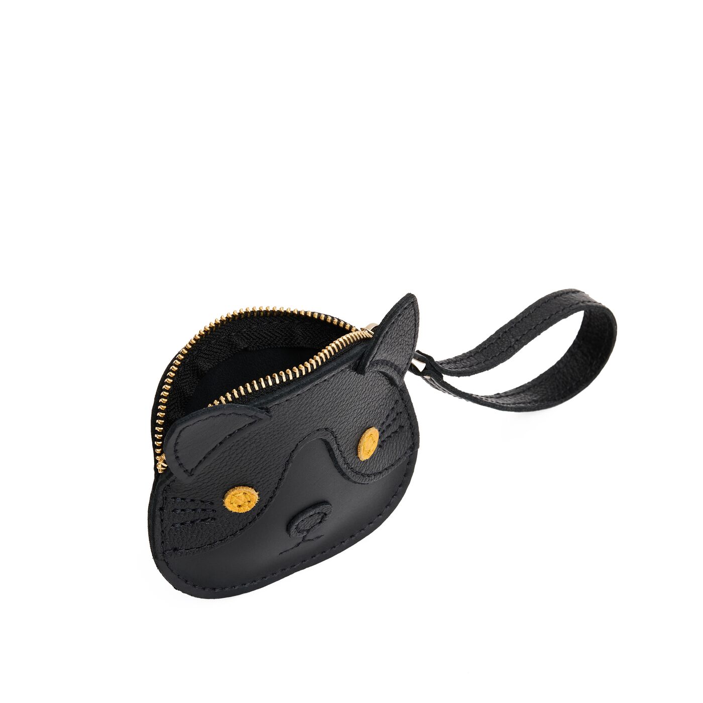 Black | A small cat-shaped leather pouch with embroidered facial details and a wrist strap.