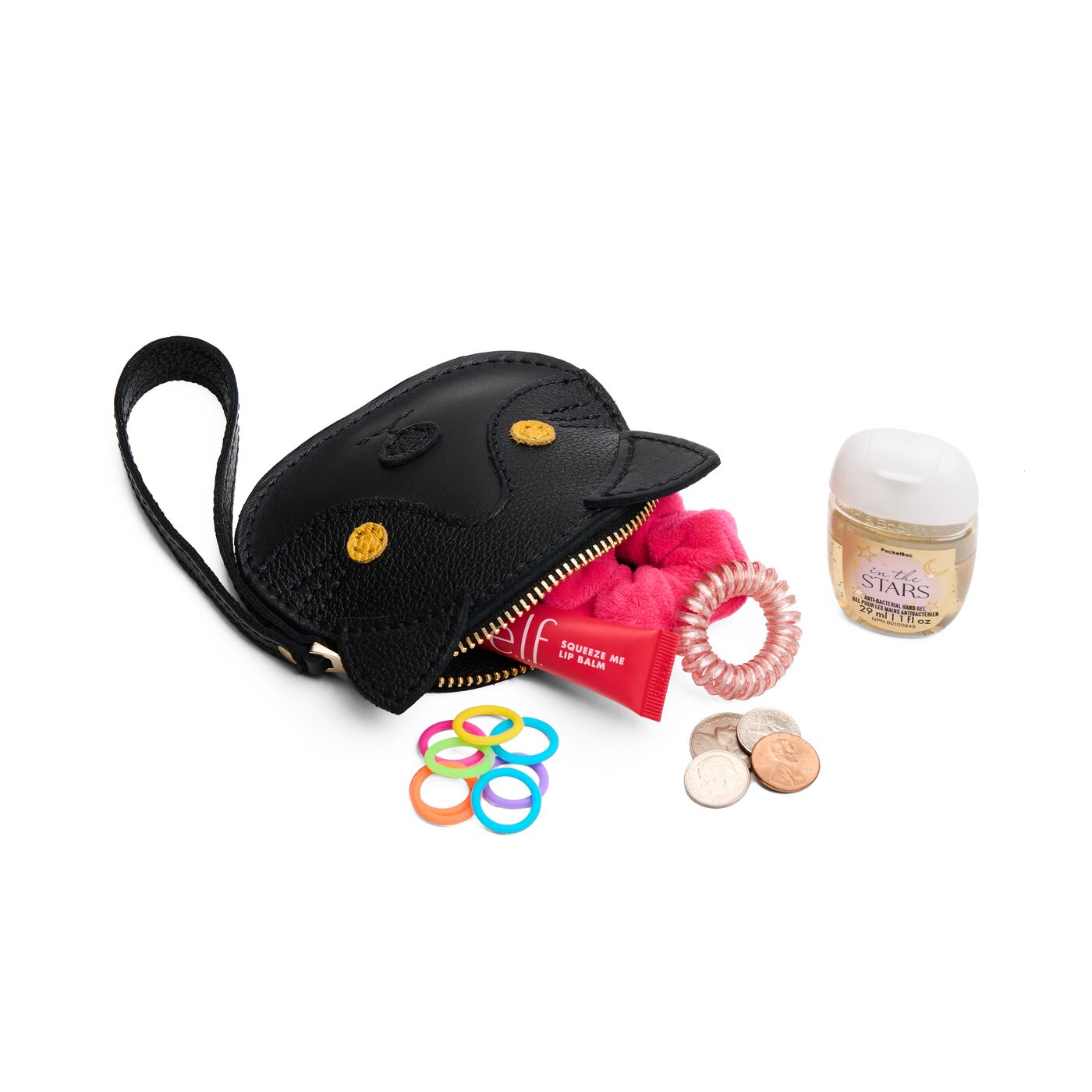 Black | A small cat-shaped leather pouch with embroidered facial details and a wrist strap.