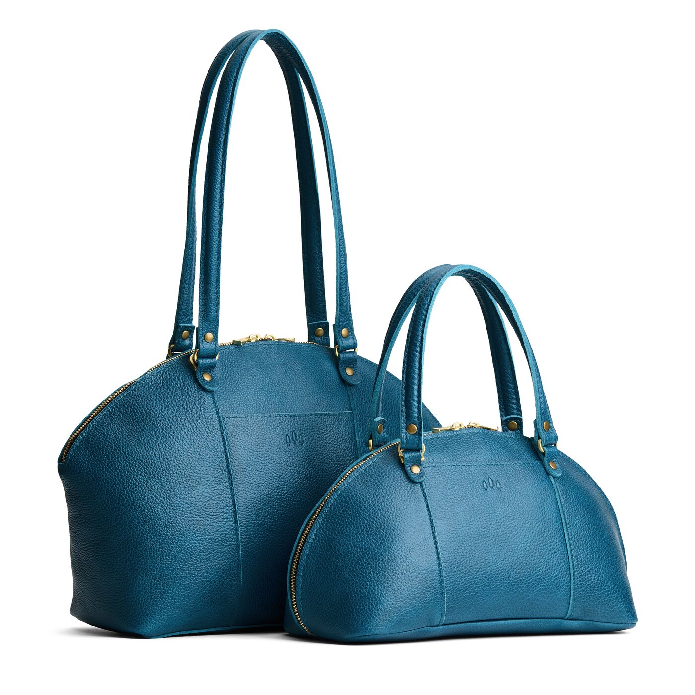 Planetary | Size comparison of the large and small half circle crossbody bag with handles and removable crossbody strap
