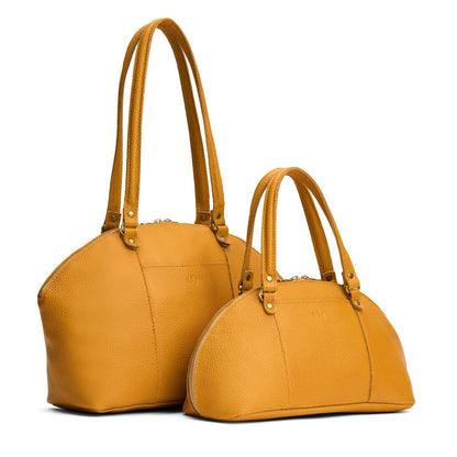 Sunshine | Size comparison of the large and small half circle crossbody bag with handles and removable crossbody strap