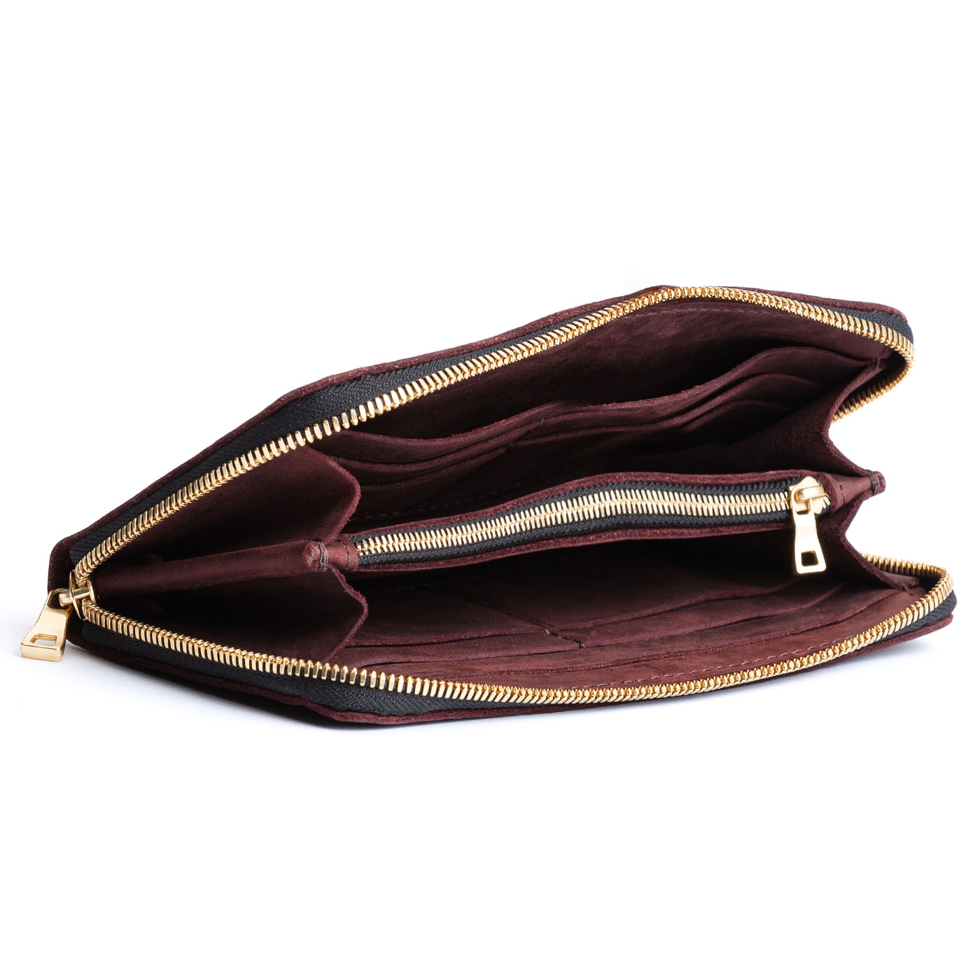 Merlot | Large accordion leather wallet with zipper open