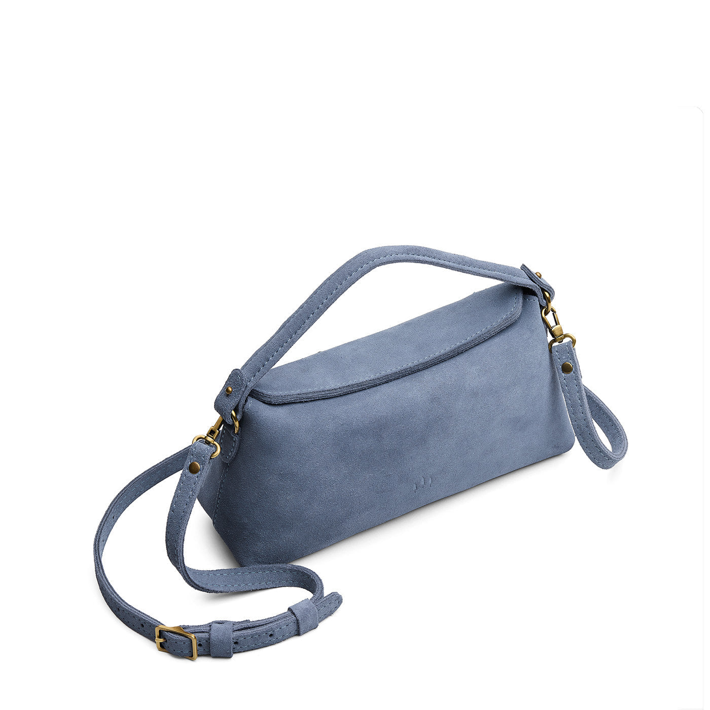 Denim | Leather bowler bag with magnetic closure against a white background