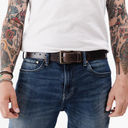 All Variants | Mens stitched leather belt with antiqued brass buckle