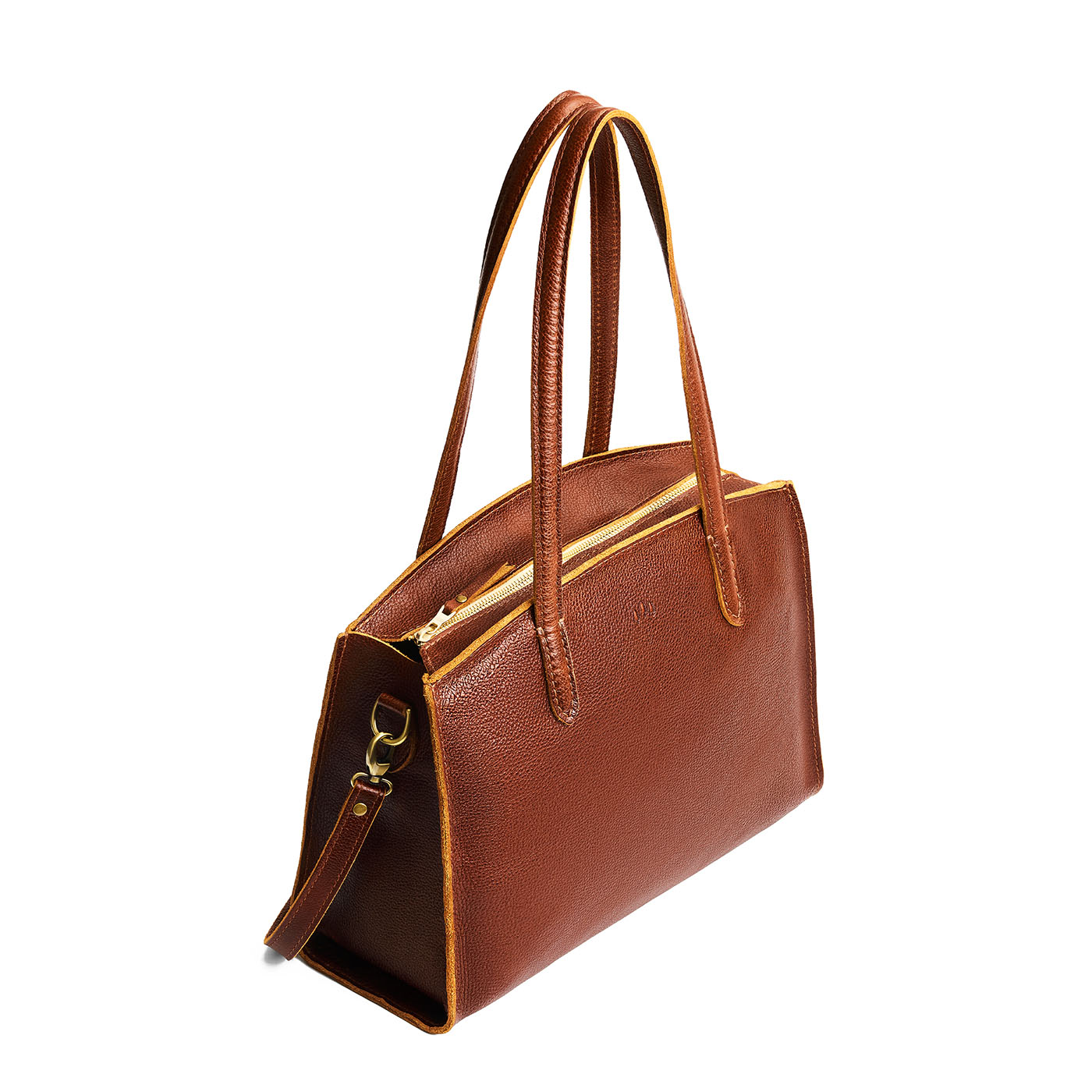 Nutmeg*Large | Leather tote bag with handles, adjustable crossbody strap, zipper top, and two back pockets