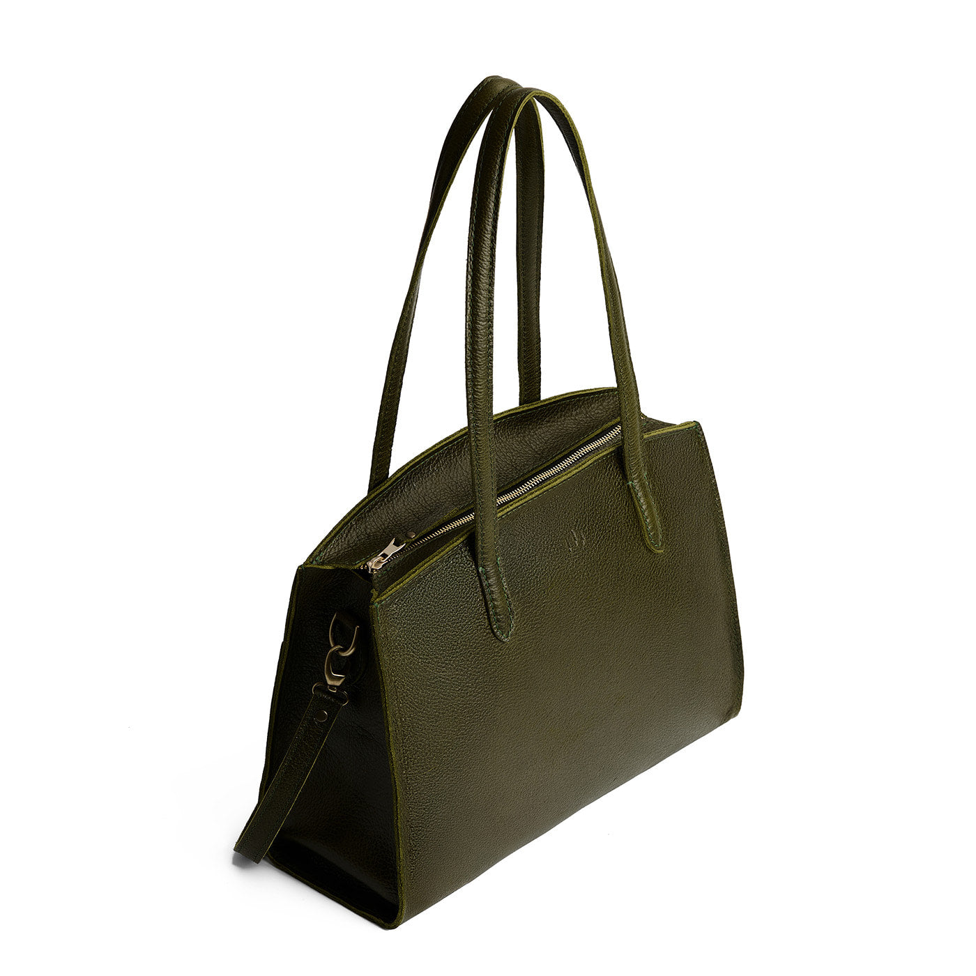 Pebbled Olive*Large | Leather tote bag with handles, adjustable crossbody strap, zipper top, and two back pockets