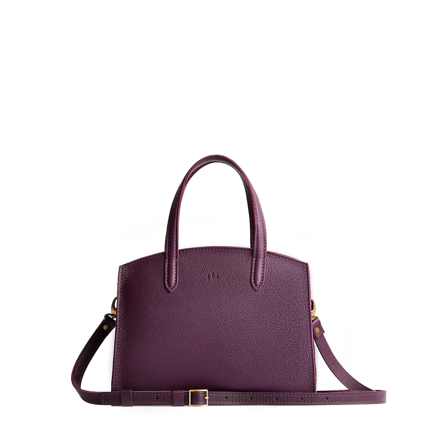 Plum*Medium | Leather tote bag with handles, adjustable crossbody strap, zipper top, and two back pockets