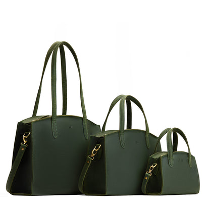 Evergreen | Size comparison image of Mini, Medium, and Large-sized leather tote bags with handles, adjustable crossbody strap, zipper top, and back pockets