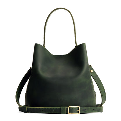 Evergreen*Large | Symmetrical bucket bag with handle, latch closure, and removable crossbody strap
