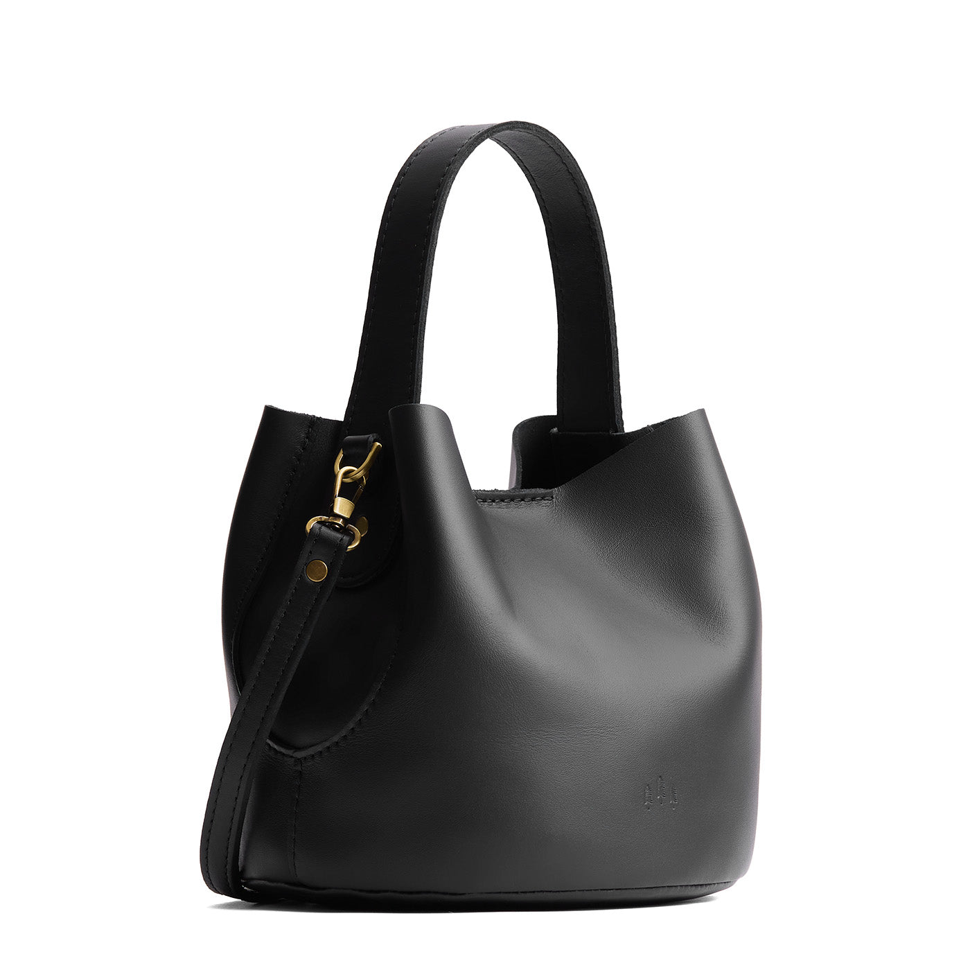 Black*Small | Symmetrical bucket bag with handle, latch closure, and removable crossbody strap