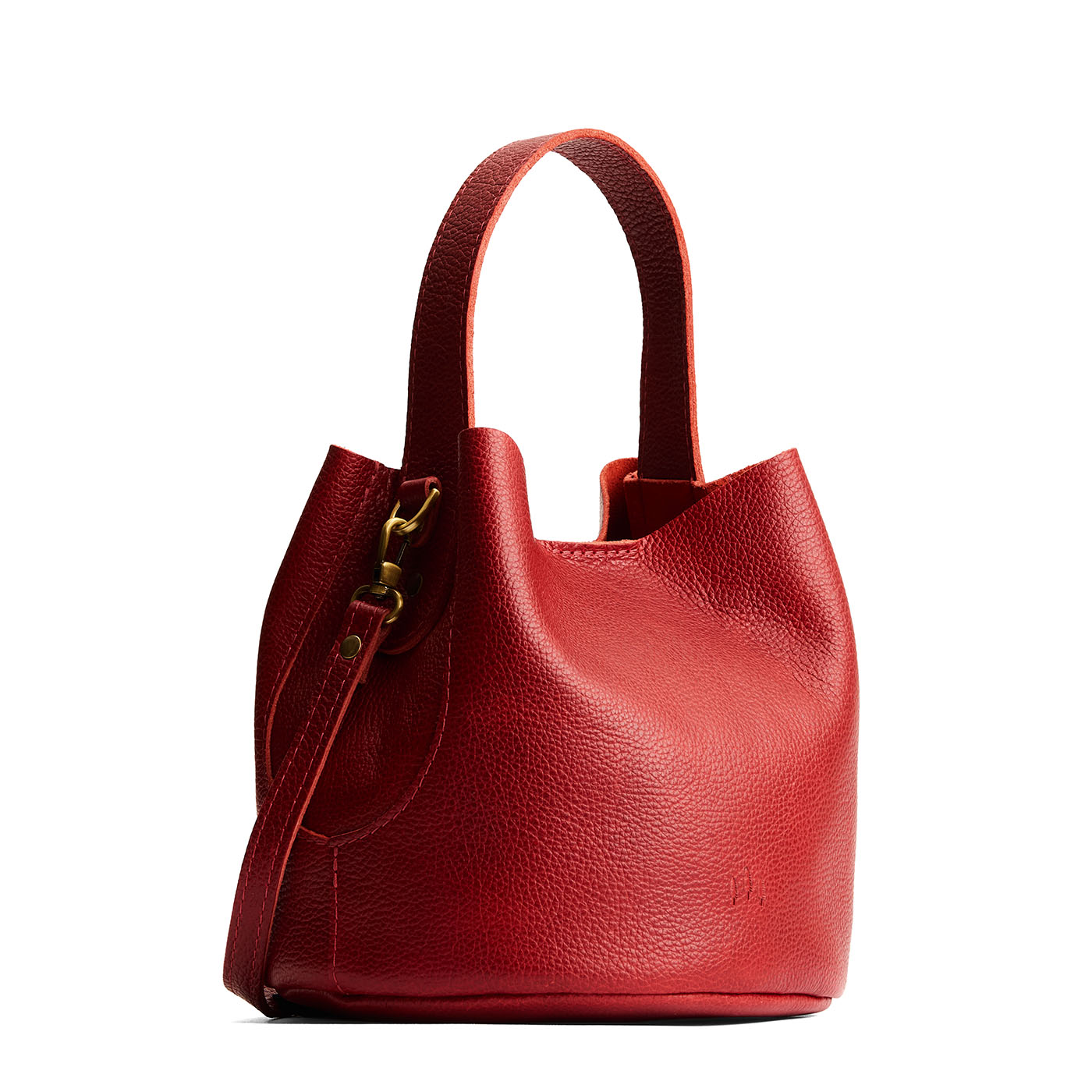 Chili Red*Small | Symmetrical bucket bag with handle, latch closure, and removable crossbody strap