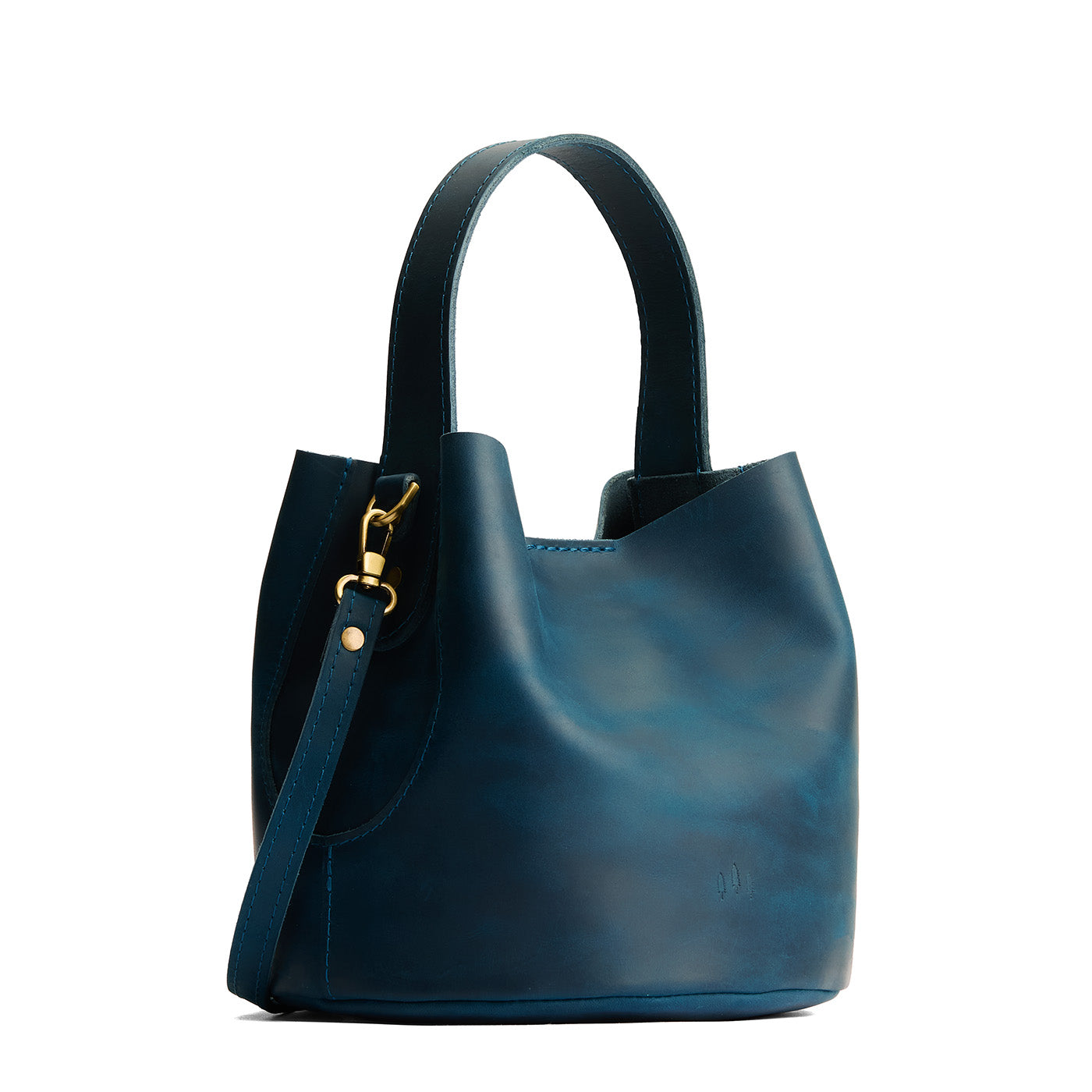 Westward Blue*Small | Symmetrical bucket bag with handle, latch closure, and removable crossbody strap