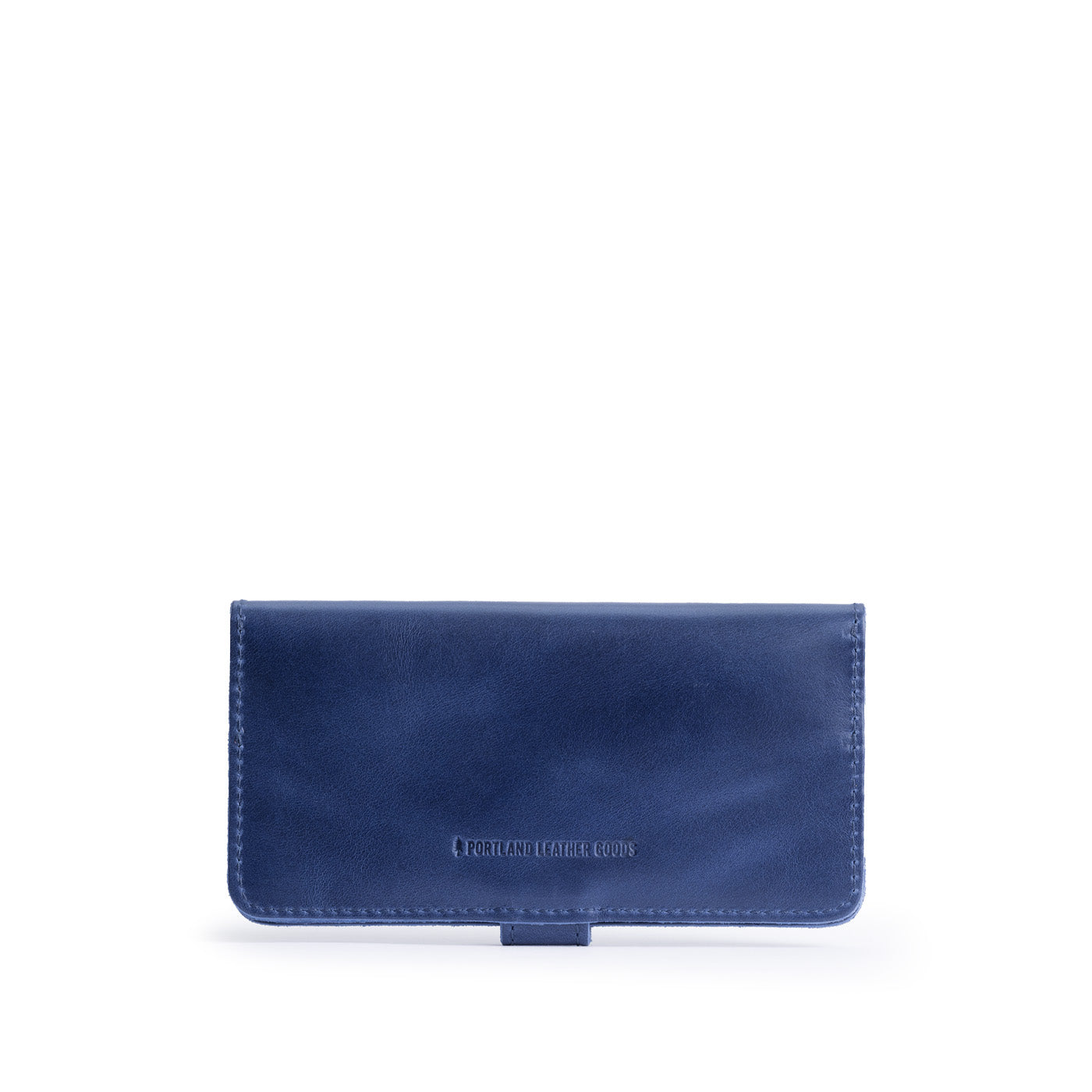 Cowboy Blue | Back of leather wallet with snap closed