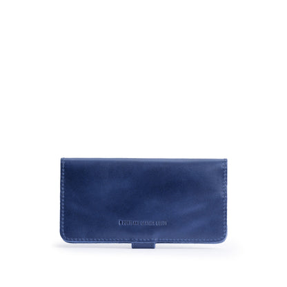 Cowboy Blue | Back of leather wallet with snap closed