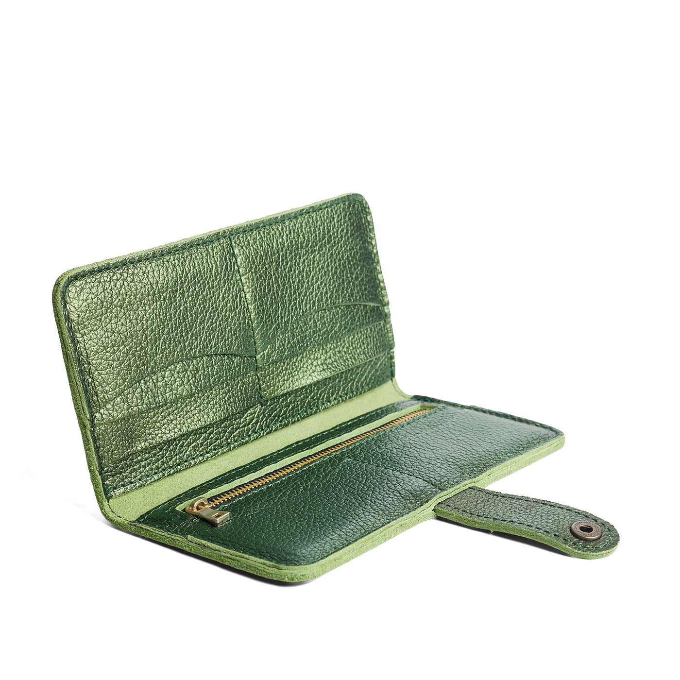 Metallic Greench | Leather wallet with snap closure open