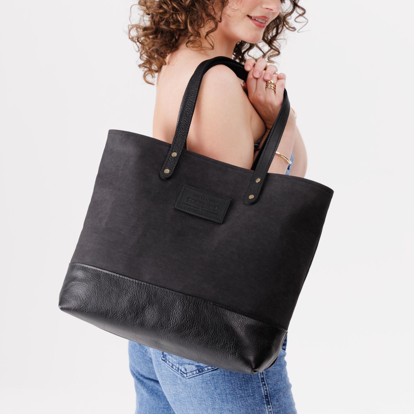 Black | Canvas tote with leather base and handles