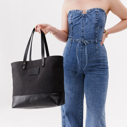 Black | Canvas tote with leather base and handles