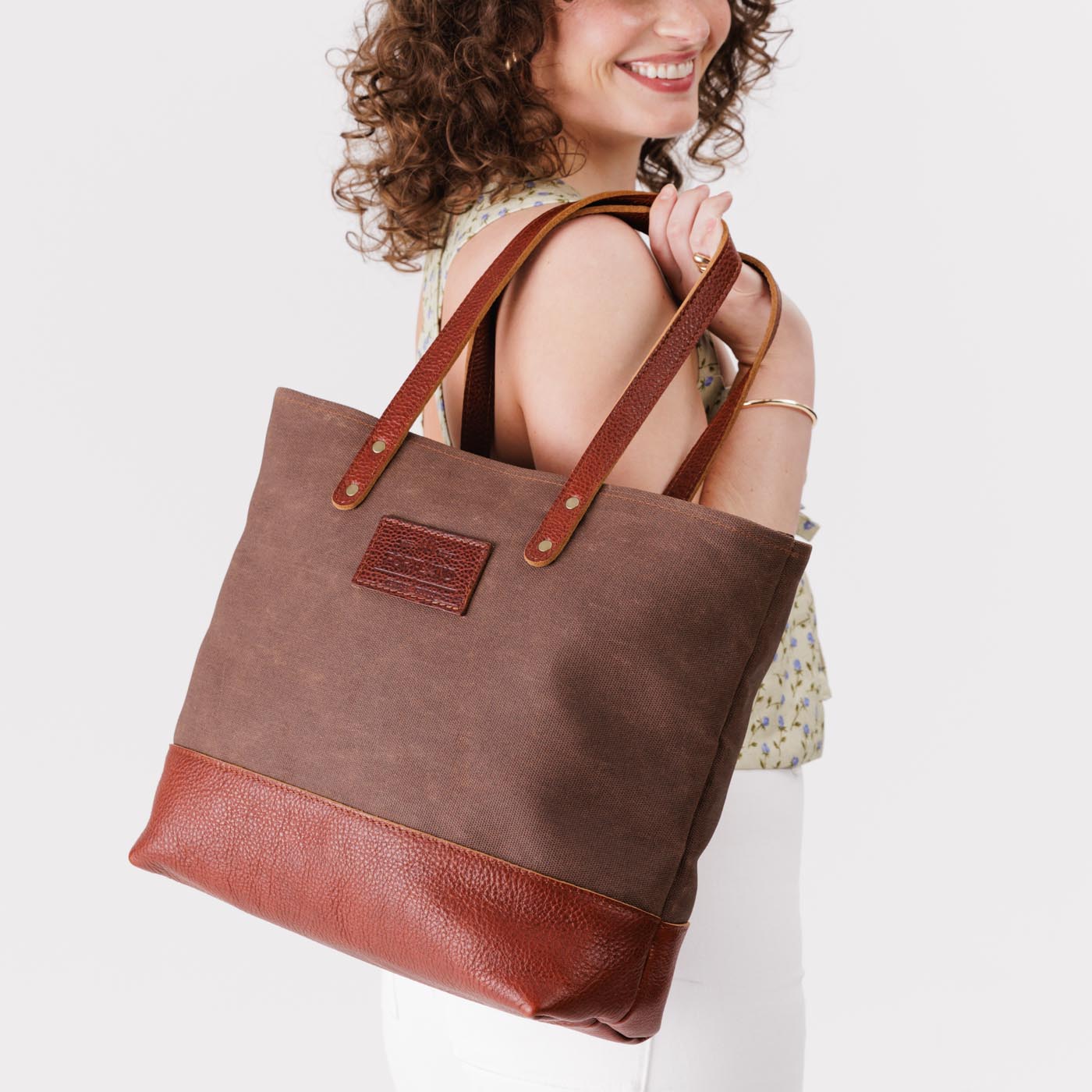 Brown | Canvas tote with leather base and handles