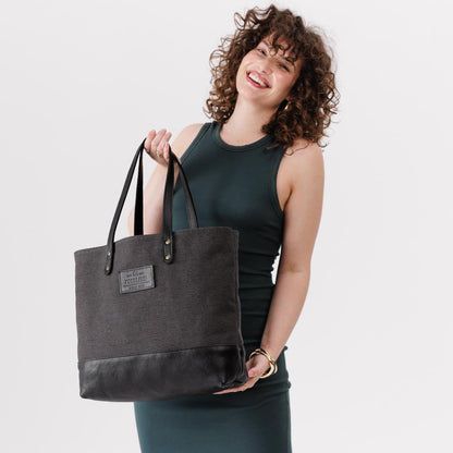 Grey | Canvas tote with leather base and handles