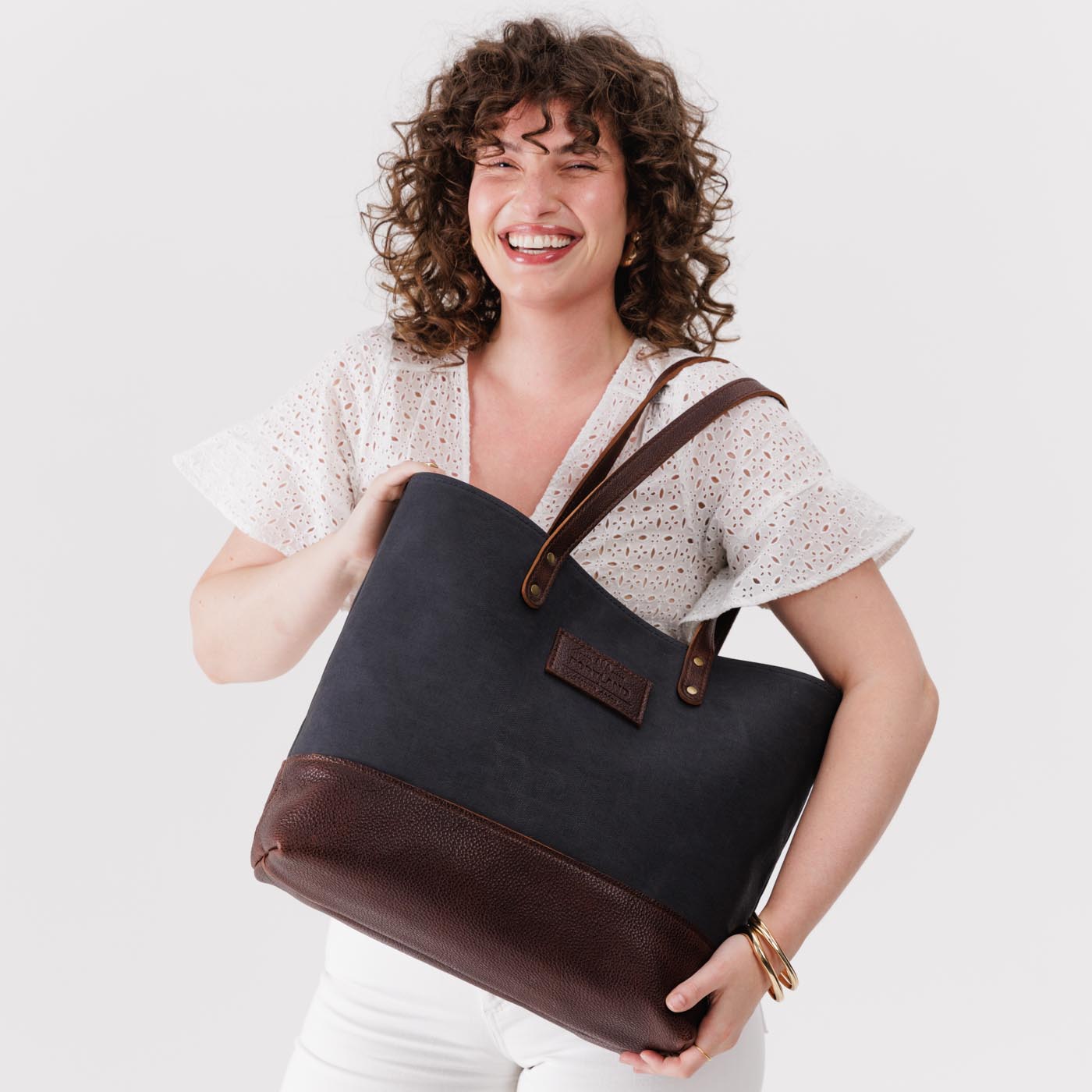 Navy | Canvas tote with leather base and handles