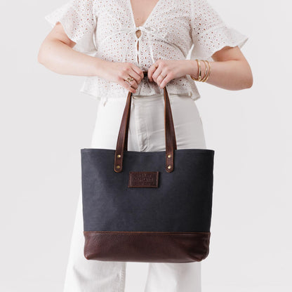 Navy | Canvas tote with leather base and handles