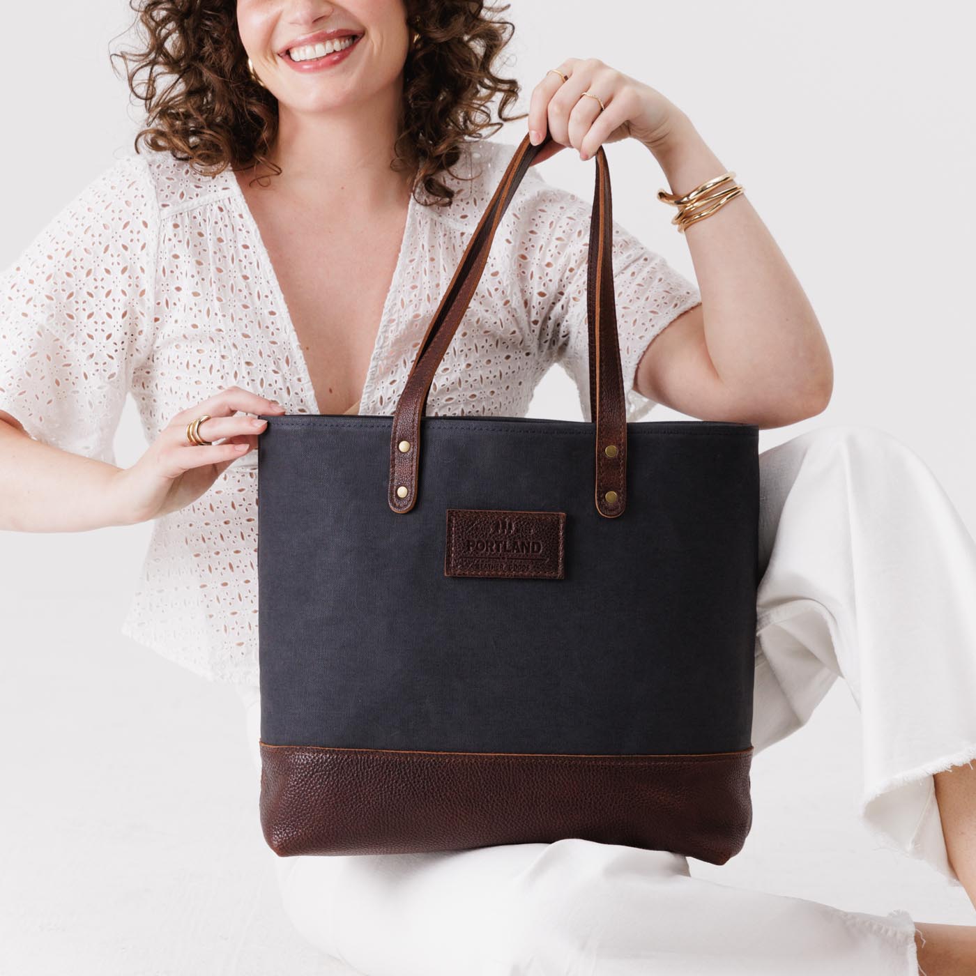 Navy | Canvas tote with leather base and handles