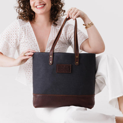 Navy | Canvas tote with leather base and handles