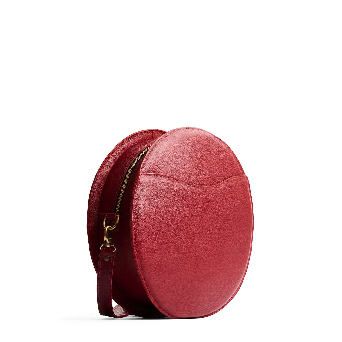 Chili Red | Large circle shaped leather bag with top zipper and carrying strap