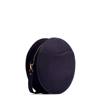 Velvet Blue | Large circle shaped leather bag with top zipper and carrying strap