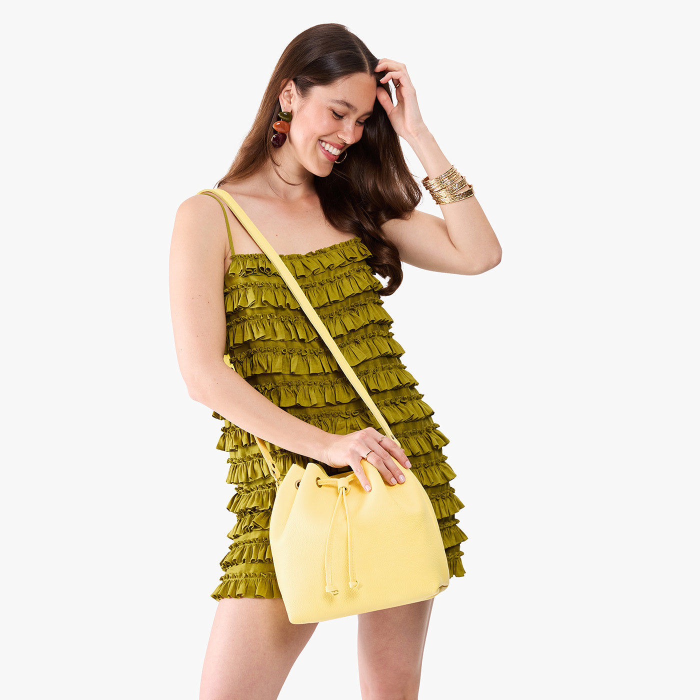 Butter Bliss*Large | Model wearing slouchy crossbody bag with drawstring closure