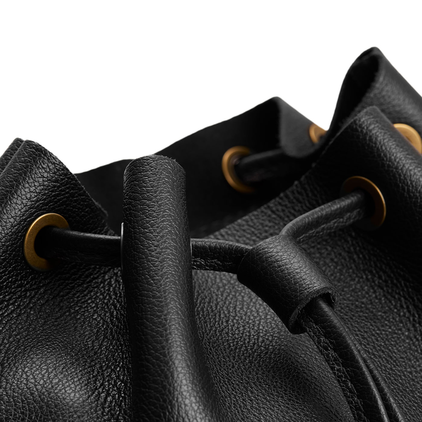 Pebbled--black | Close-up of slouchy crossbody bag with leather drawstring closure