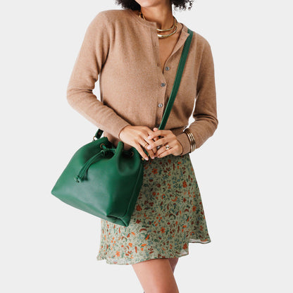 Bacalar*Large | Model wearing slouchy crossbody bag with drawstring closure