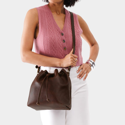 Coldbrew*Large | Model wearing slouchy crossbody bag with drawstring closure
