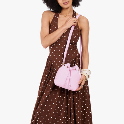 Pinkaboo*Small | Model wearing slouchy crossbody bag with drawstring closure