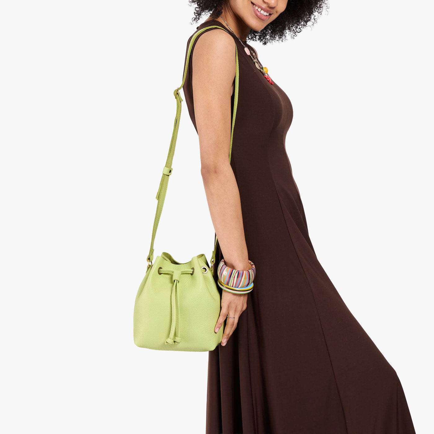 Shadow Lime*Small | Model wearing slouchy crossbody bag with drawstring closure