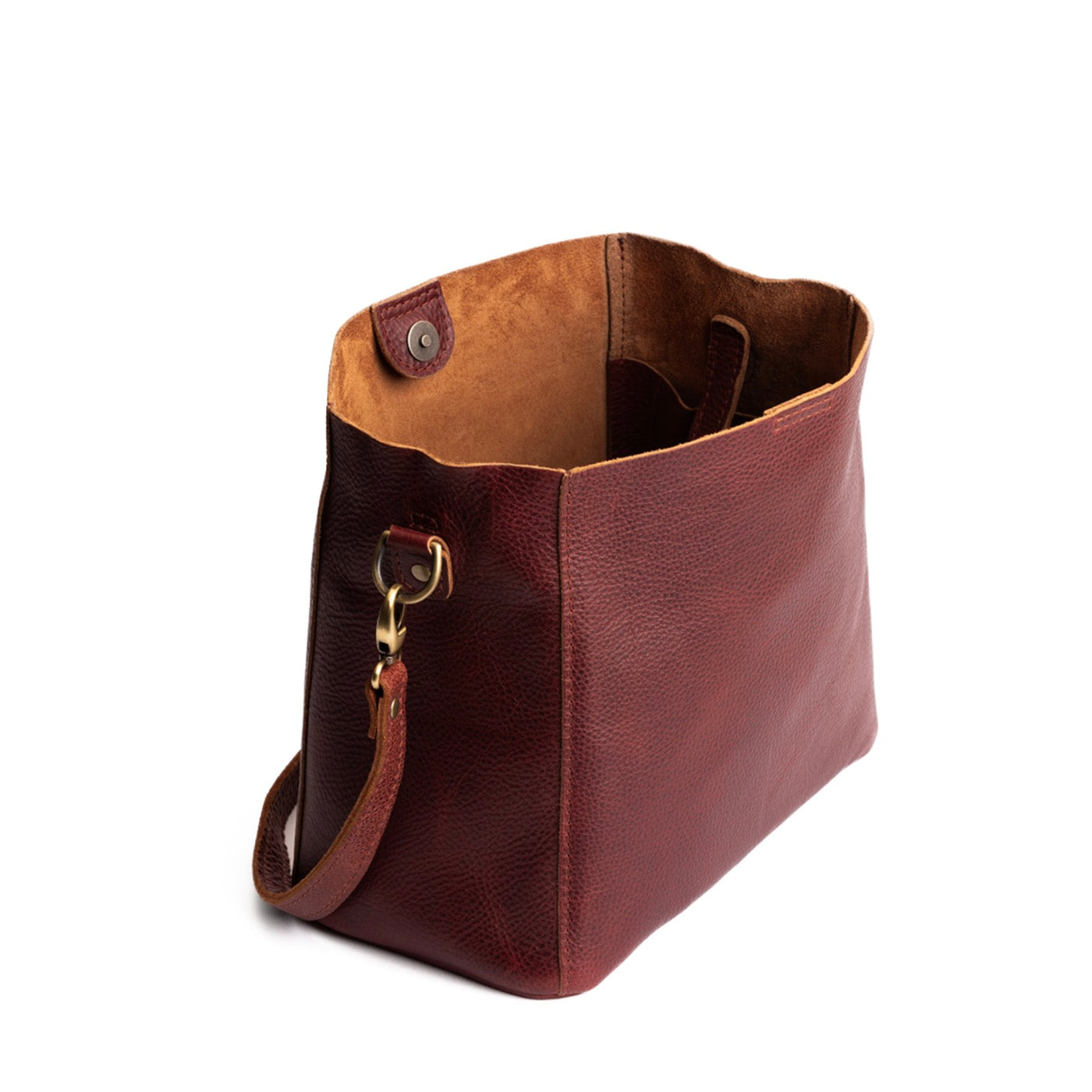 Cinnamon Bear | symmetrical bucket bag with latch closure and removable crossbody strap