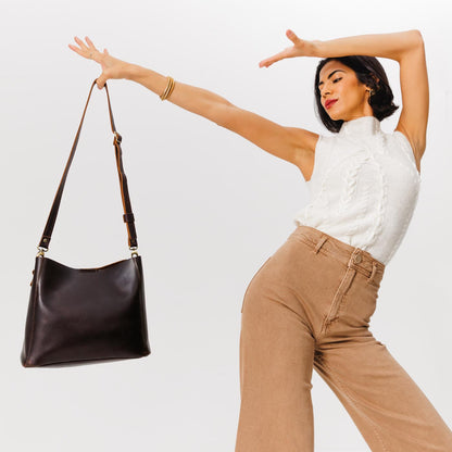 Grizzly | symmetrical bucket bag with latch closure and removable crossbody strap