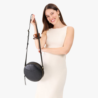 Pebbled--black*Large | Circle shaped crossbody bag with top zipper