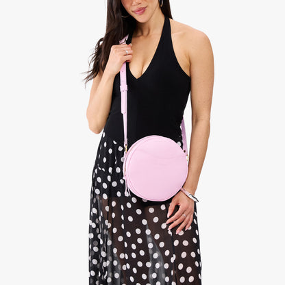 Pinkaboo*Large | Model wearing circle shaped crossbody bag with top zipper