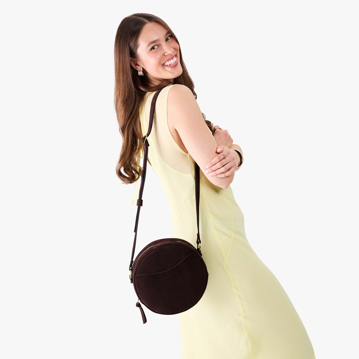 Velvet Brown*Large | Circle shaped crossbody bag with top zipper