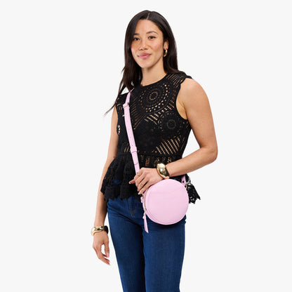 Pinkaboo*Small | Model wearing circle shaped crossbody bag with top zipper