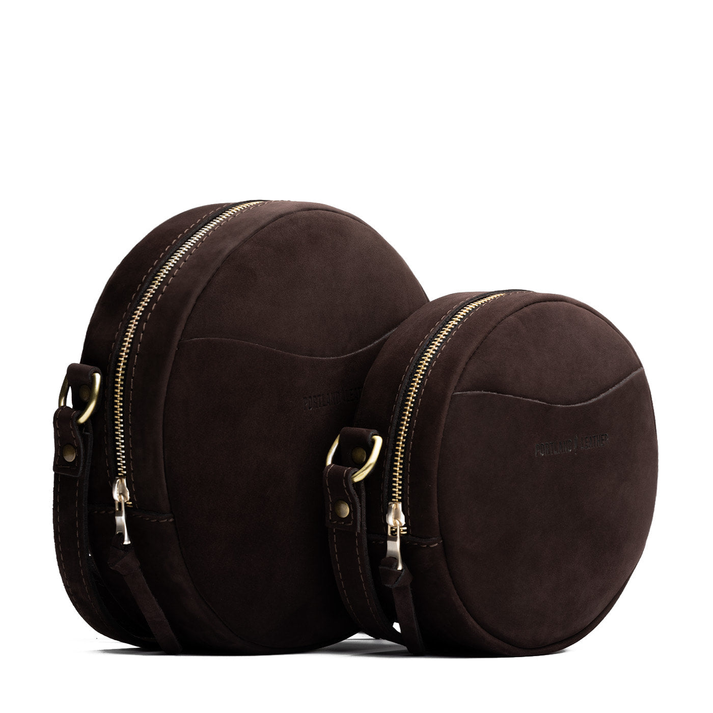 Velvet Brown | Size comparison image of small and large circle shaped crossbody bags with top zipper